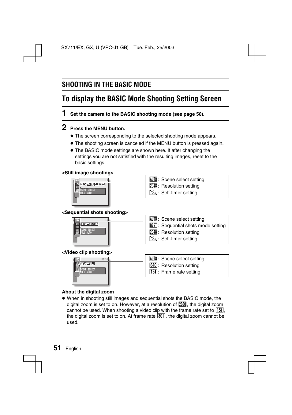 Shooting in the basic mode | Sanyo VPC-J1 User Manual | Page 54 / 202