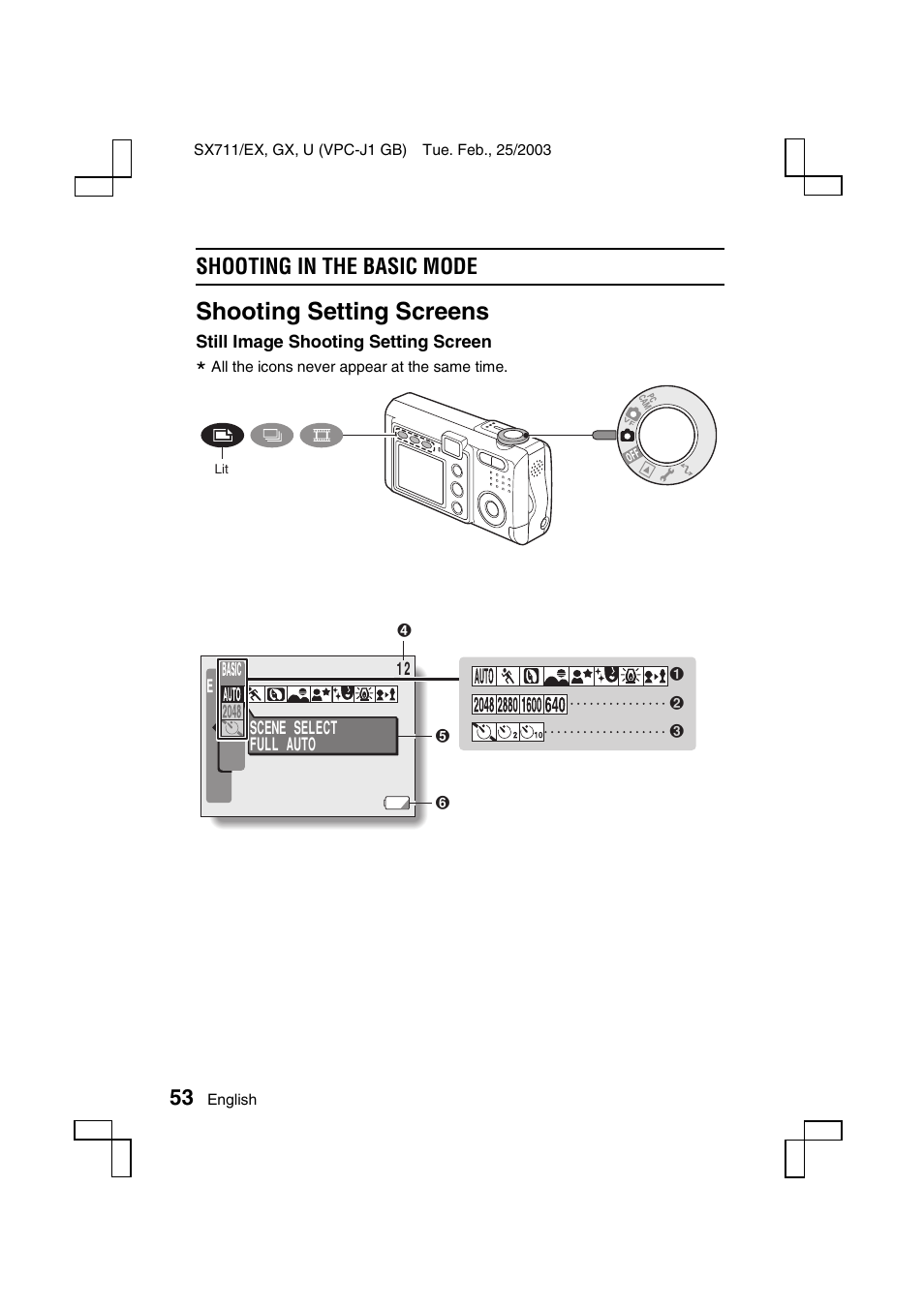 Shooting setting screens, Shooting in the basic mode | Sanyo VPC-J1 User Manual | Page 56 / 202