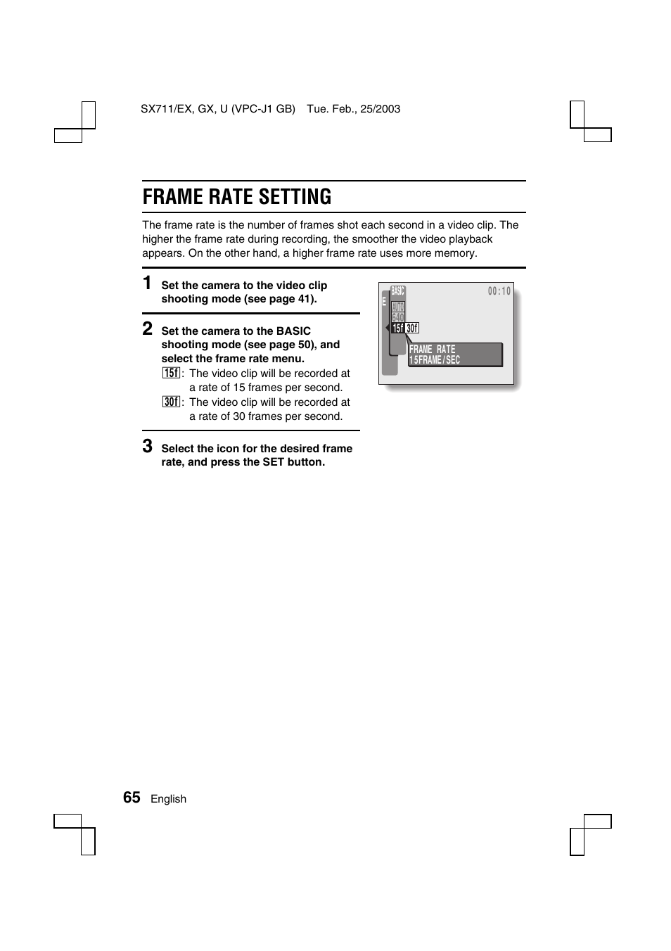 Frame rate setting | Sanyo VPC-J1 User Manual | Page 68 / 202