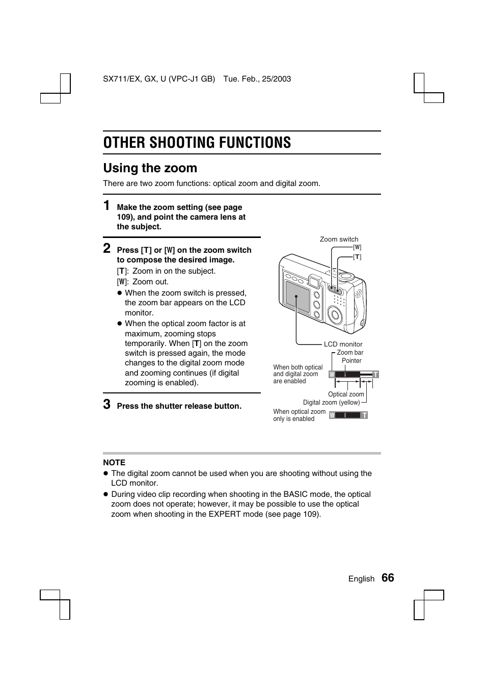 Other shooting functions, Using the zoom | Sanyo VPC-J1 User Manual | Page 69 / 202