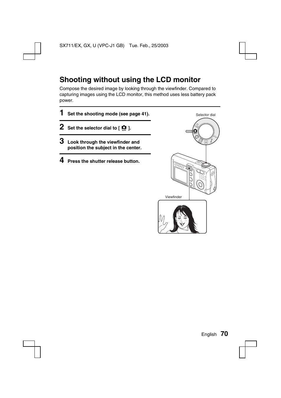 Shooting without using the lcd monitor | Sanyo VPC-J1 User Manual | Page 73 / 202