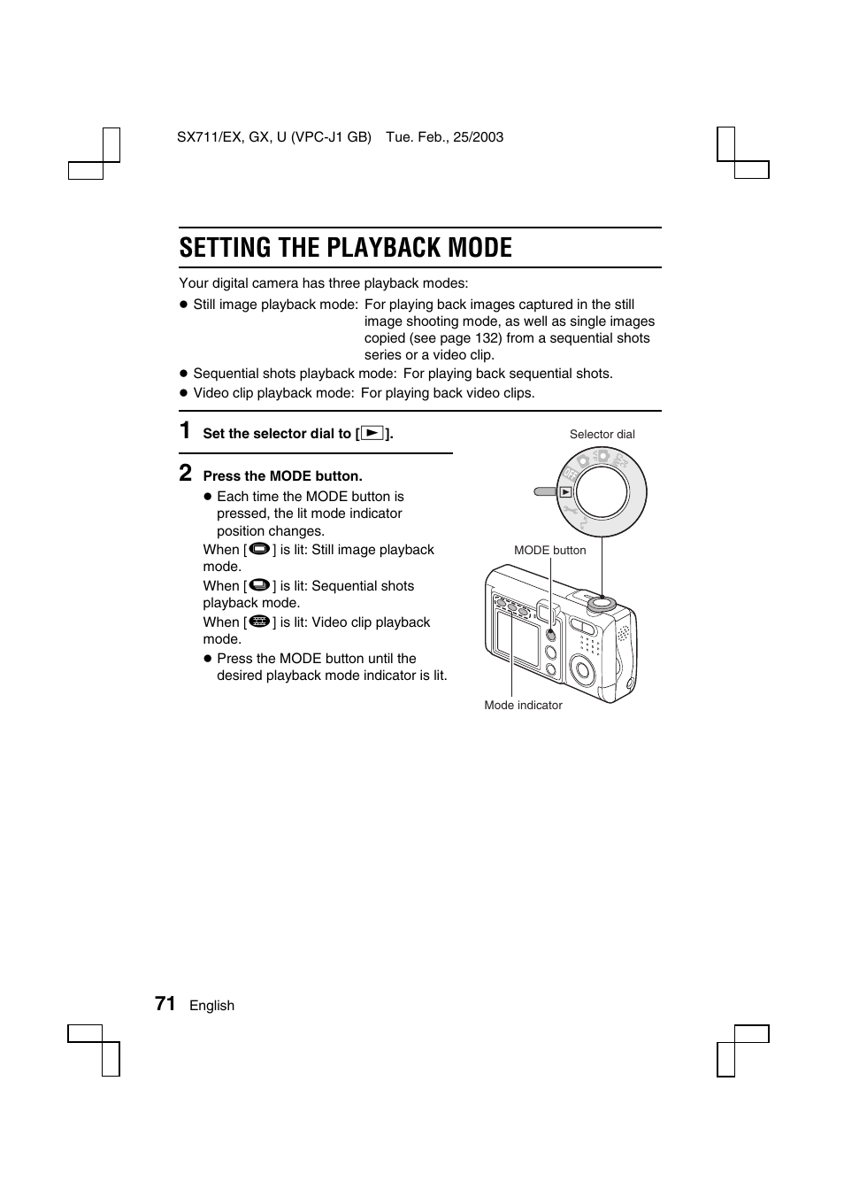 Setting the playback mode | Sanyo VPC-J1 User Manual | Page 74 / 202