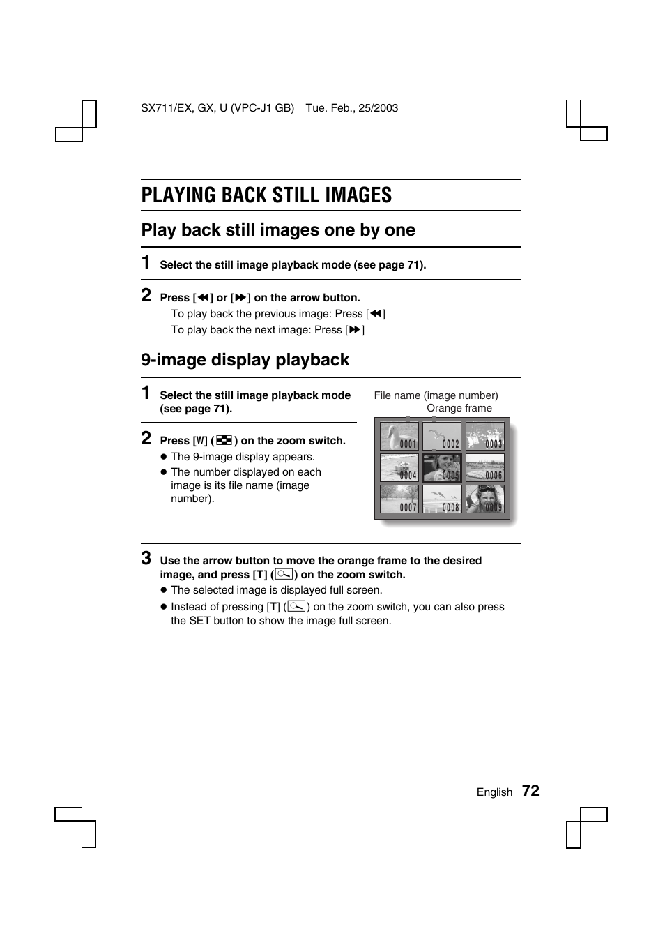 Playing back still images, Play back still images one by one, Image display playback | Sanyo VPC-J1 User Manual | Page 75 / 202
