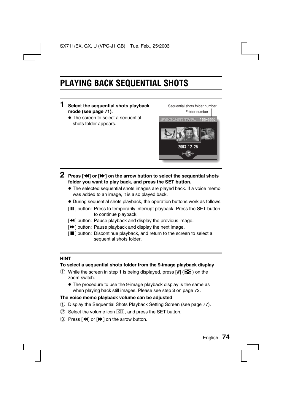 Playing back sequential shots | Sanyo VPC-J1 User Manual | Page 77 / 202
