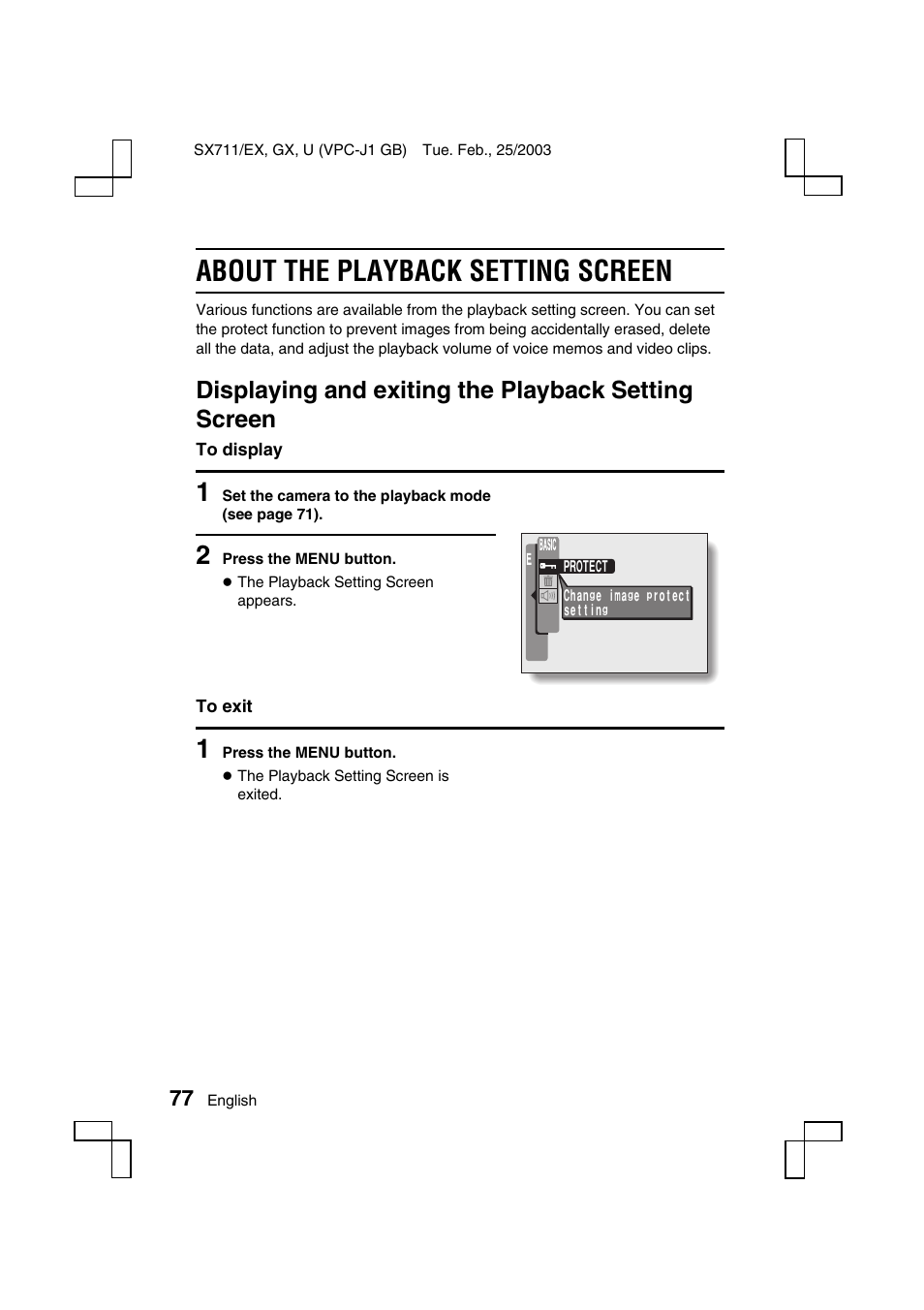 About the playback setting screen, Displaying and exiting the playback setting screen | Sanyo VPC-J1 User Manual | Page 80 / 202