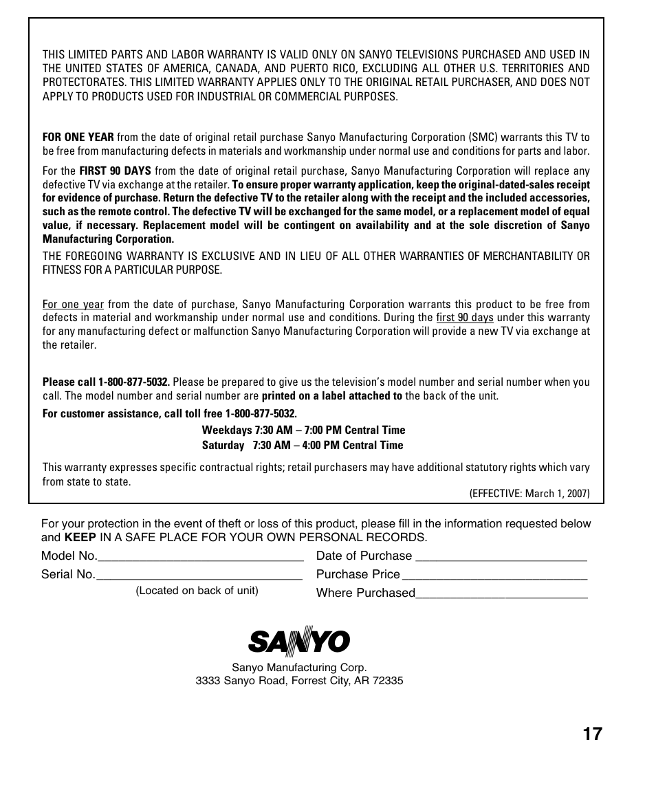 One-year limited parts and labor warranty | Sanyo DP26647 User Manual | Page 17 / 18