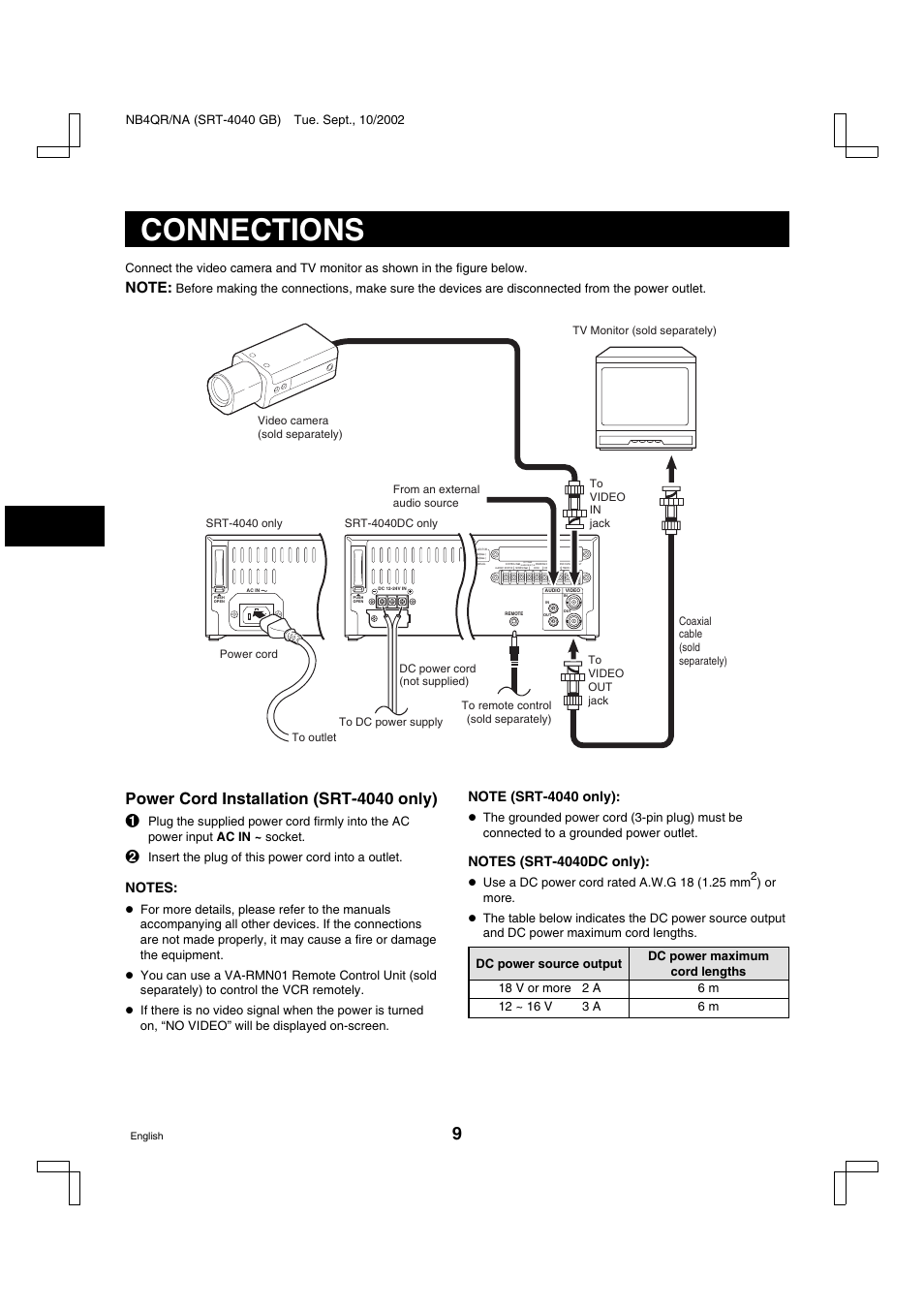 Connections, Power cord installation (srt-4040 only) | Sanyo SRT-4040DC User Manual | Page 10 / 54