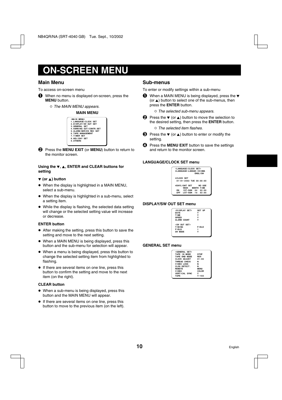 On-screen menu, Main menu, Sub-menus | Sanyo SRT-4040DC User Manual | Page 11 / 54