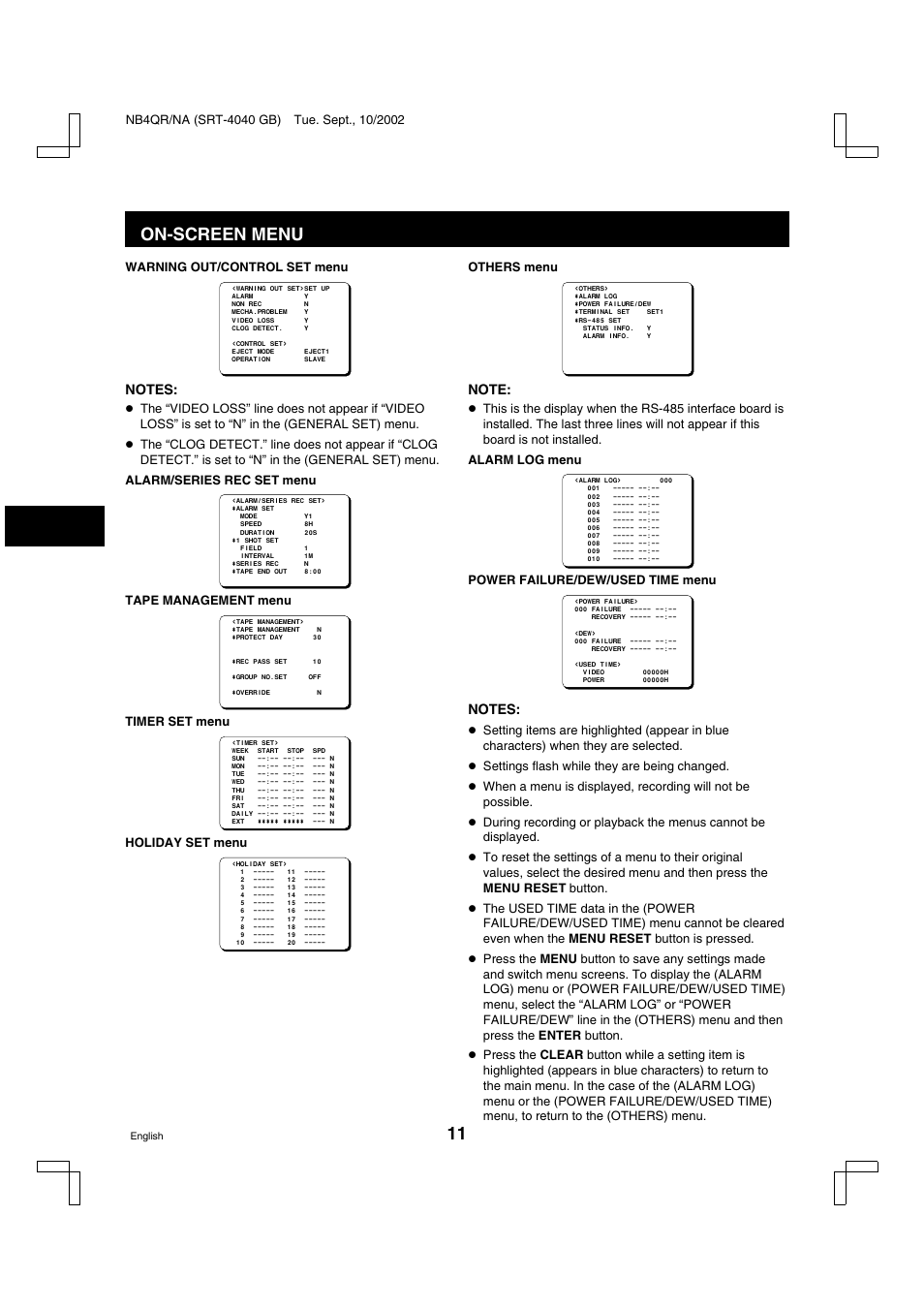 On-screen menu, Warning out/control set menu, Tape management menu | Timer set menu, Holiday set menu, Others menu, Power failure/dew/used time menu | Sanyo SRT-4040DC User Manual | Page 12 / 54