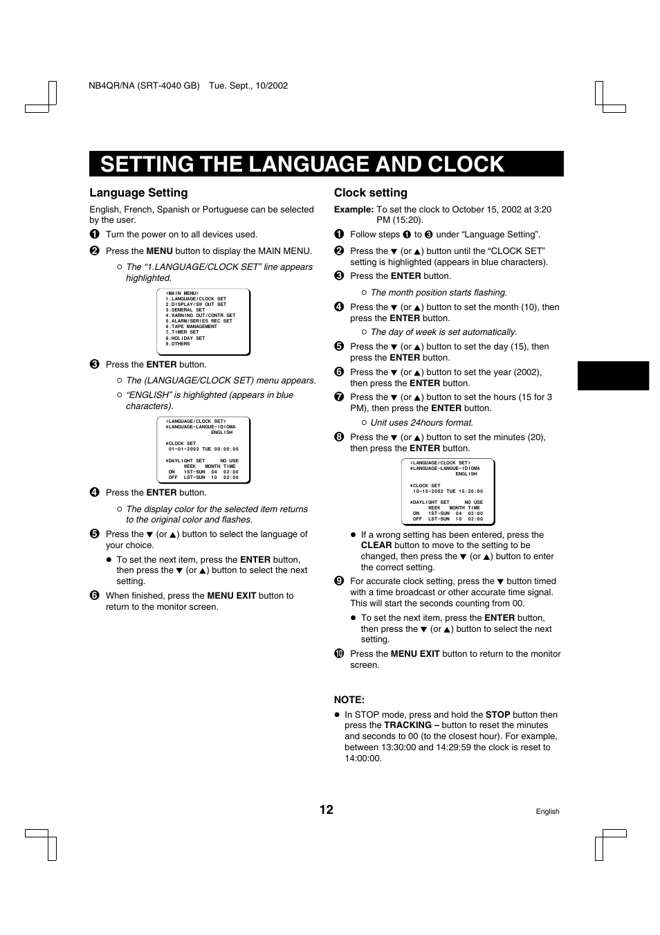 Setting the language and clock, Language setting, Clock setting | Sanyo SRT-4040DC User Manual | Page 13 / 54