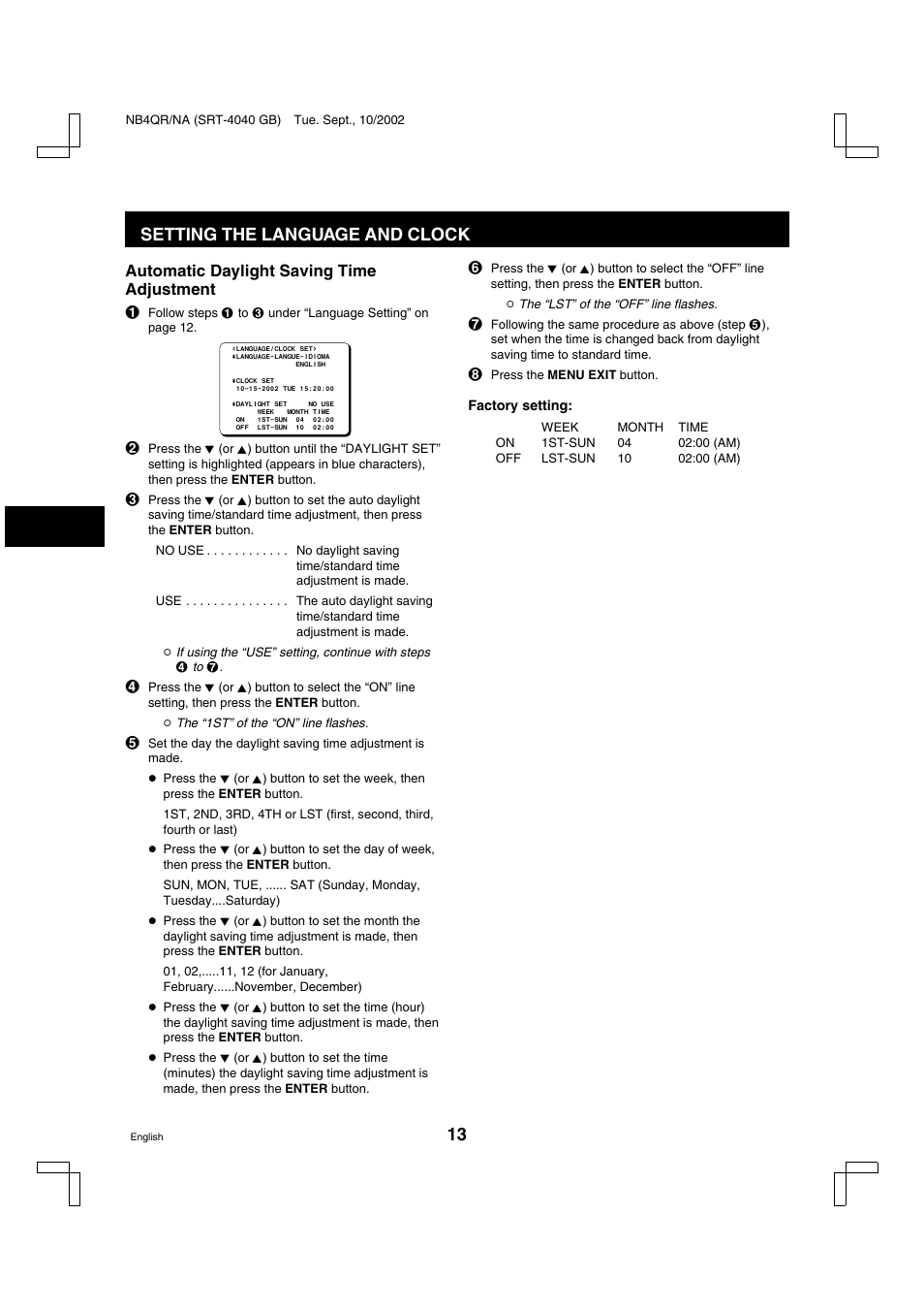 Setting the language and clock | Sanyo SRT-4040DC User Manual | Page 14 / 54