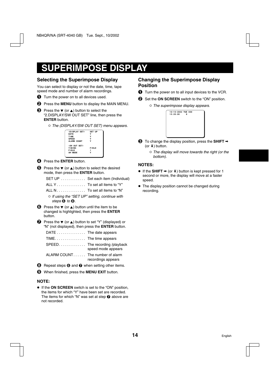 Superimpose display | Sanyo SRT-4040DC User Manual | Page 15 / 54