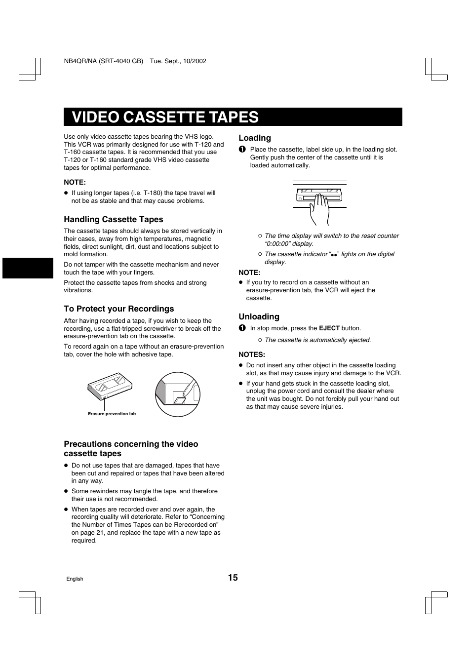 Video cassette tapes | Sanyo SRT-4040DC User Manual | Page 16 / 54