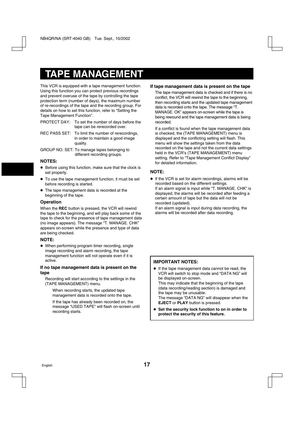 Tape management | Sanyo SRT-4040DC User Manual | Page 18 / 54