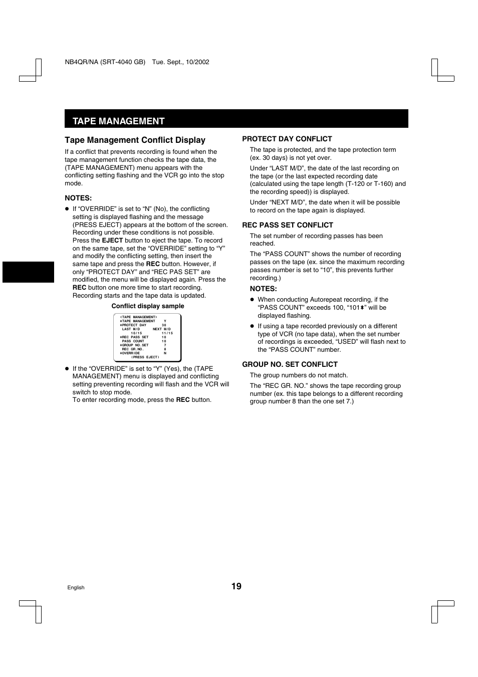 Tape management, Tape management conflict display | Sanyo SRT-4040DC User Manual | Page 20 / 54
