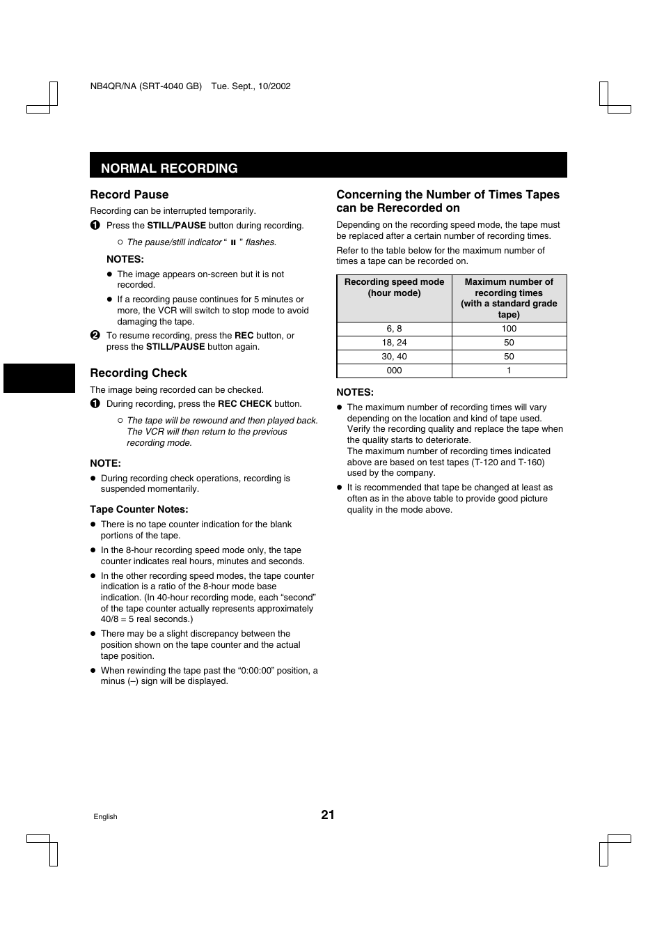 Normal recording | Sanyo SRT-4040DC User Manual | Page 22 / 54