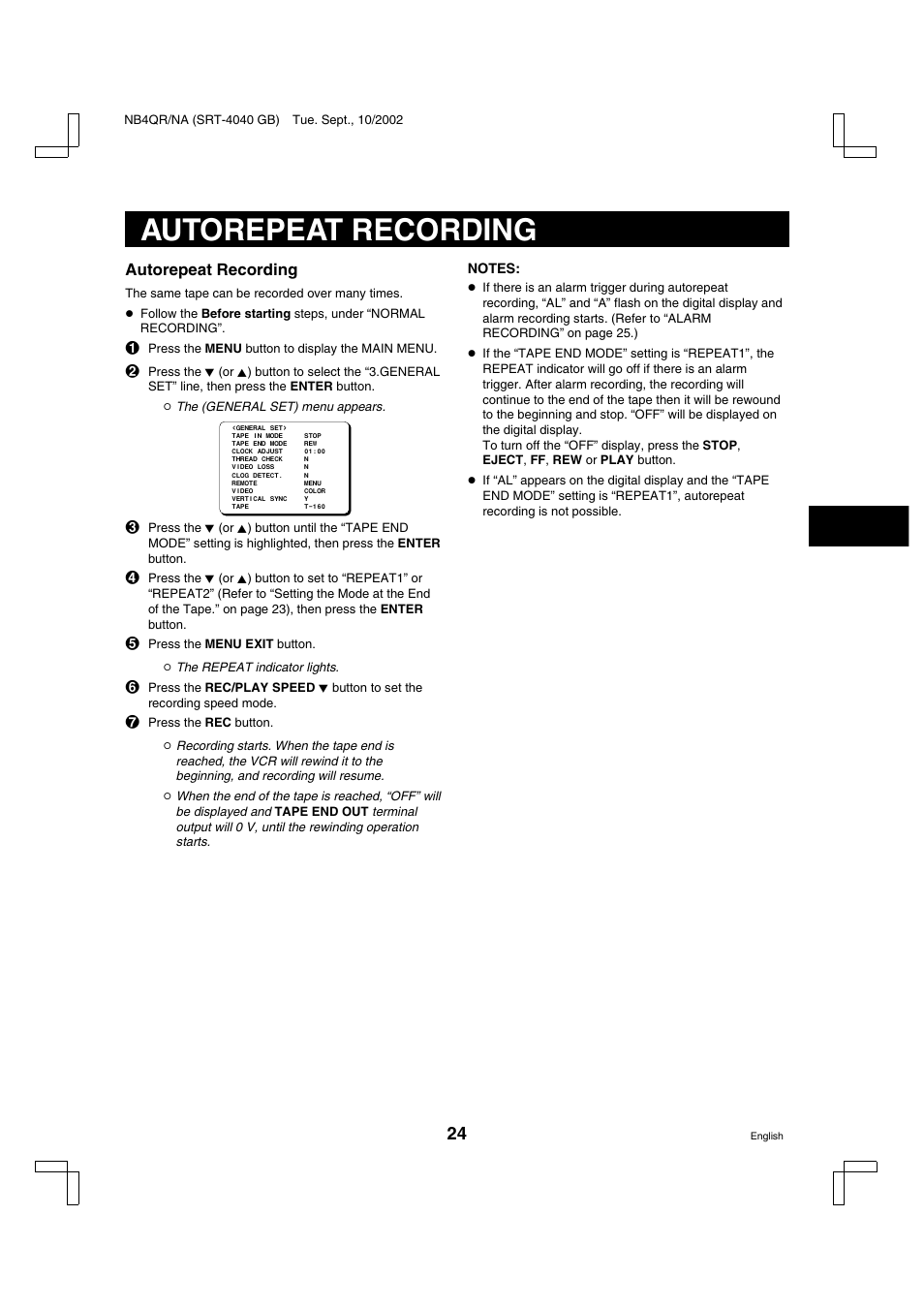 Autorepeat recording | Sanyo SRT-4040DC User Manual | Page 25 / 54
