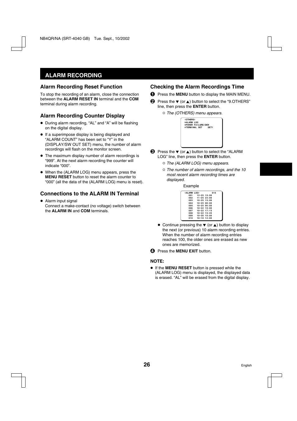 Alarm recording, Alarm recording reset function, Alarm recording counter display | Connections to the alarm in terminal, Checking the alarm recordings time | Sanyo SRT-4040DC User Manual | Page 27 / 54
