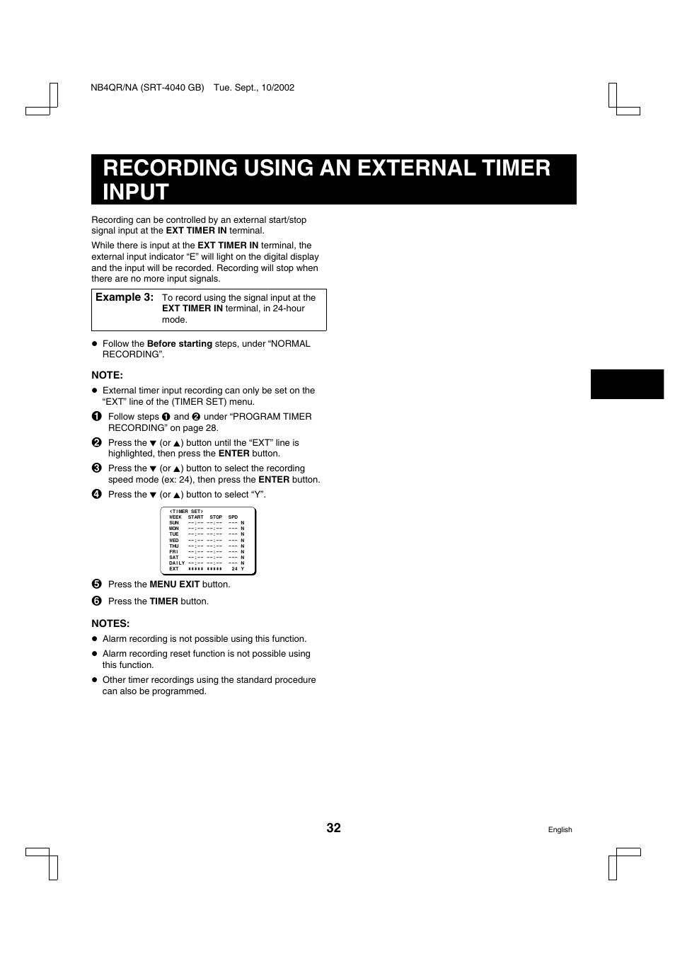 Recording using an external timer input | Sanyo SRT-4040DC User Manual | Page 33 / 54