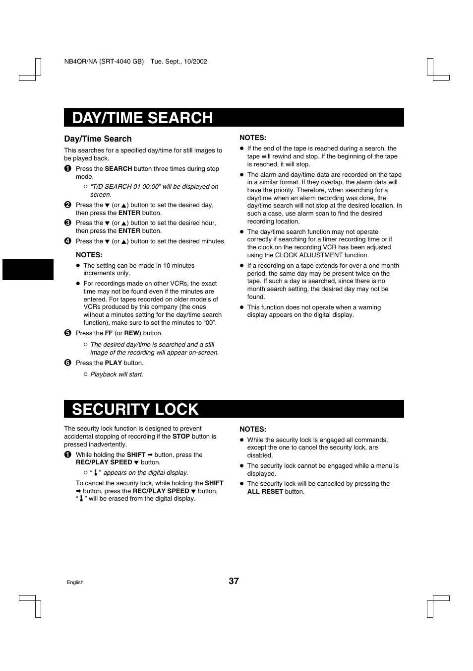 Day/time search, Security lock | Sanyo SRT-4040DC User Manual | Page 38 / 54