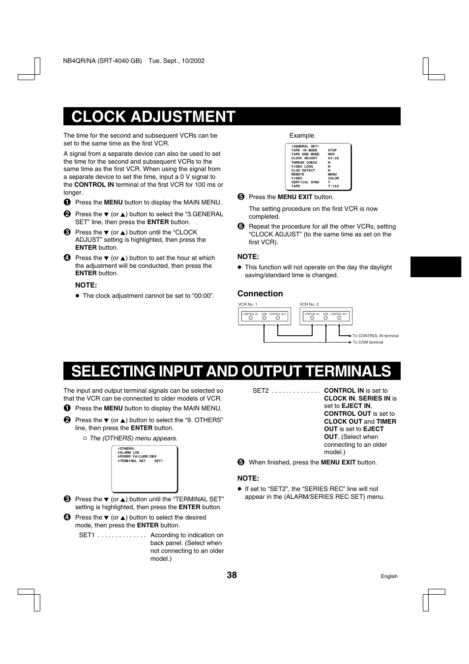 Clock adjustment, Selecting input and output terminals, Connection | Sanyo SRT-4040DC User Manual | Page 39 / 54