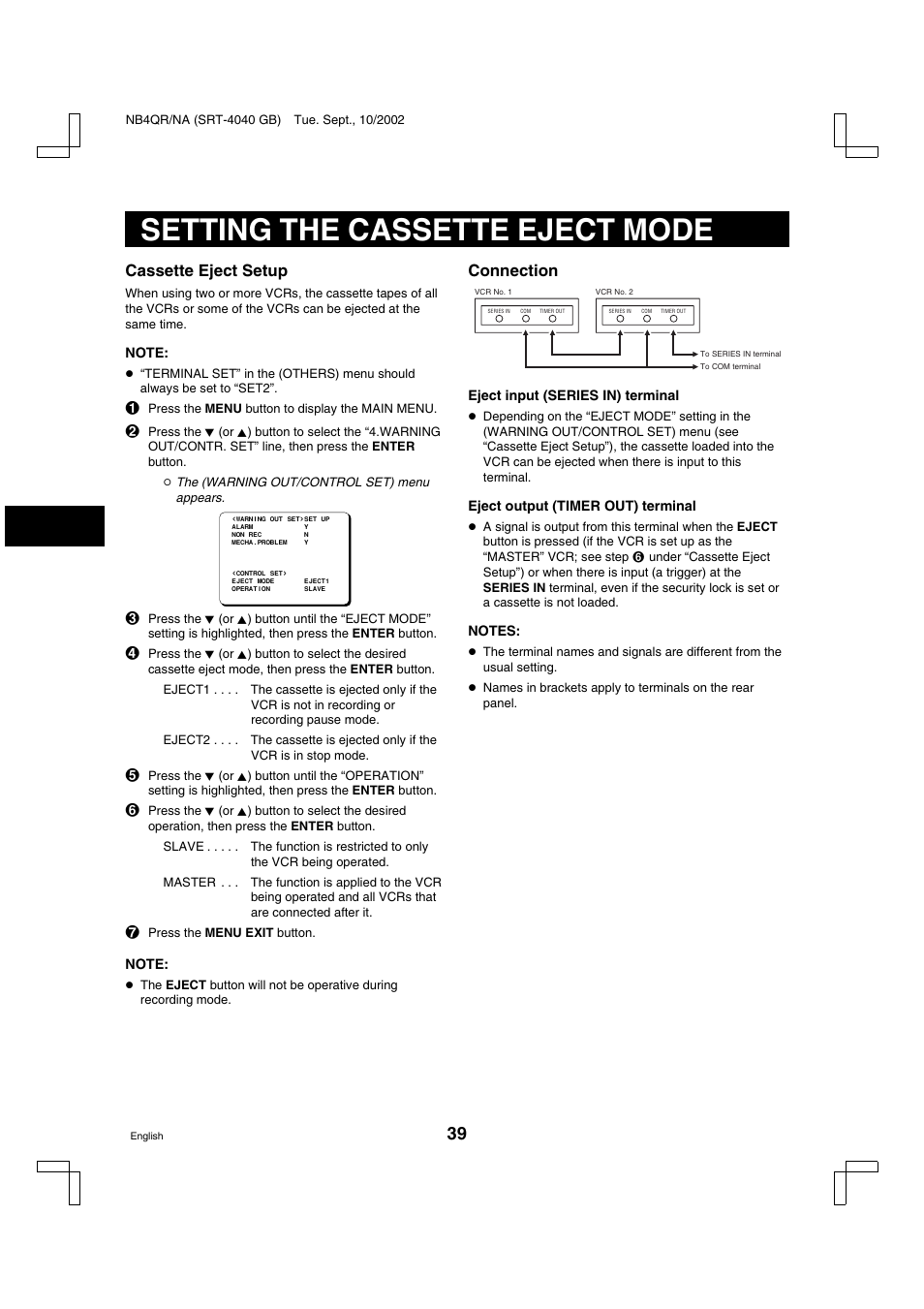 Setting the cassette eject mode, Cassette eject setup, Connection | Sanyo SRT-4040DC User Manual | Page 40 / 54