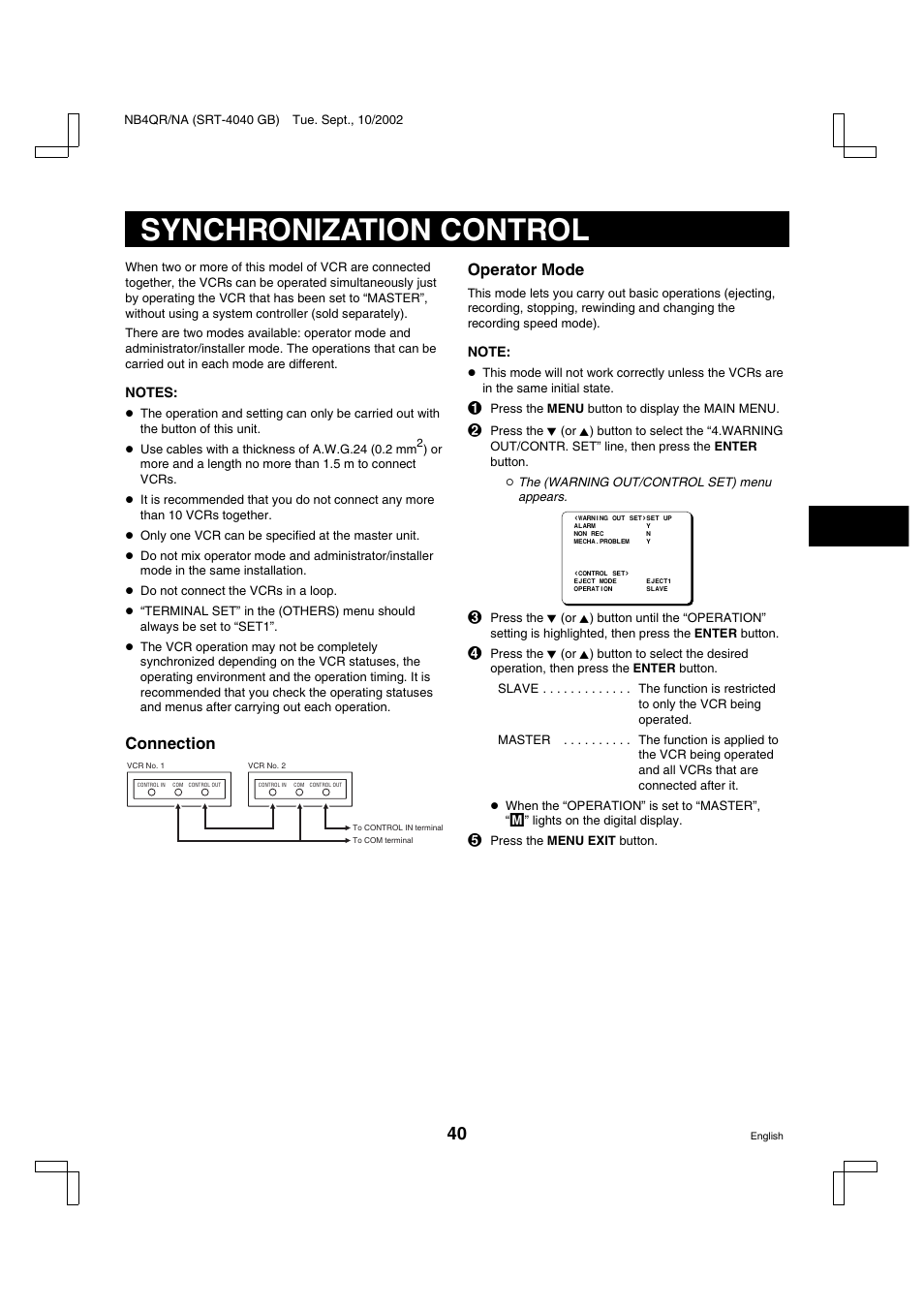 Synchronization control, Connection operator mode | Sanyo SRT-4040DC User Manual | Page 41 / 54