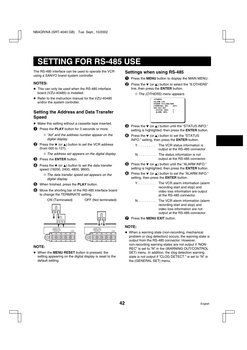 Setting for rs-485 use | Sanyo SRT-4040DC User Manual | Page 43 / 54