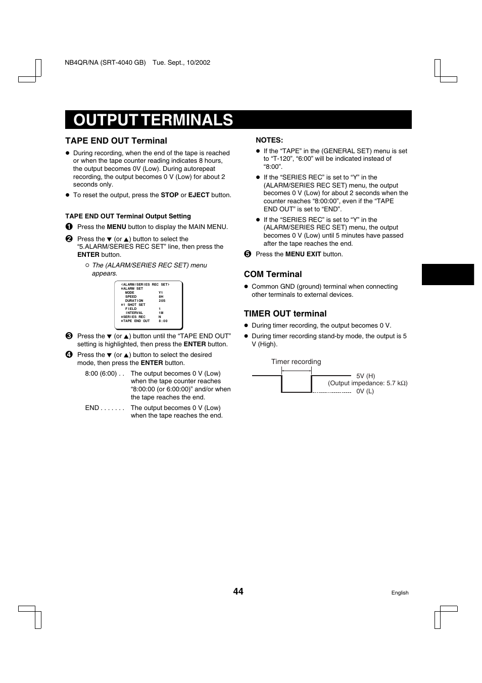 Output terminals, Tape end out terminal, Com terminal | Timer out terminal | Sanyo SRT-4040DC User Manual | Page 45 / 54