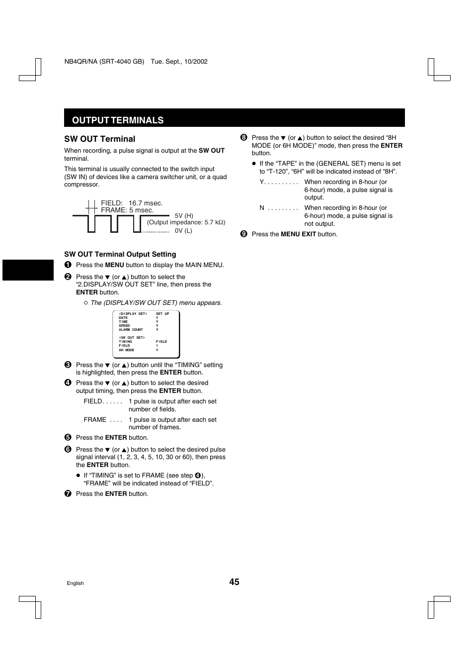 Output terminals, Sw out terminal | Sanyo SRT-4040DC User Manual | Page 46 / 54