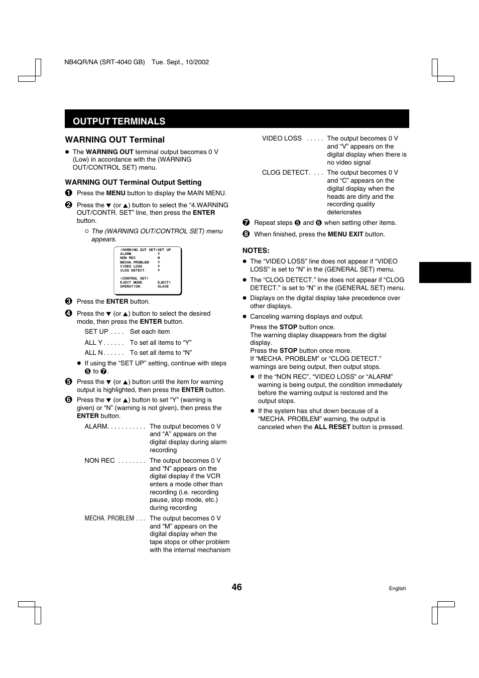Output terminals | Sanyo SRT-4040DC User Manual | Page 47 / 54