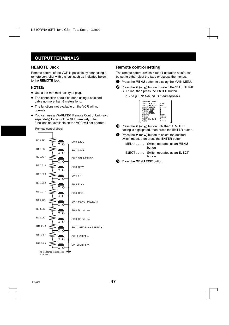 Output terminals, Remote jack, Remote control setting | Sanyo SRT-4040DC User Manual | Page 48 / 54
