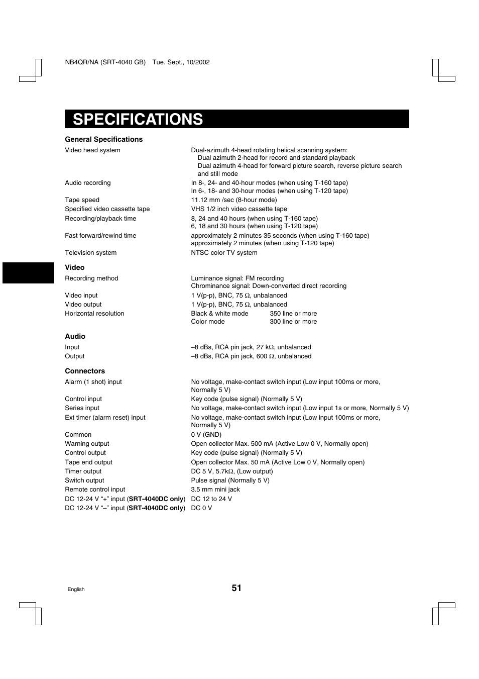 Specifications | Sanyo SRT-4040DC User Manual | Page 52 / 54