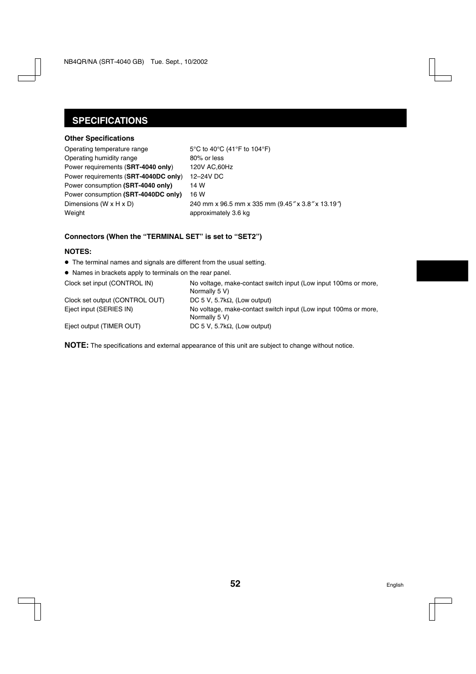 Specifications | Sanyo SRT-4040DC User Manual | Page 53 / 54