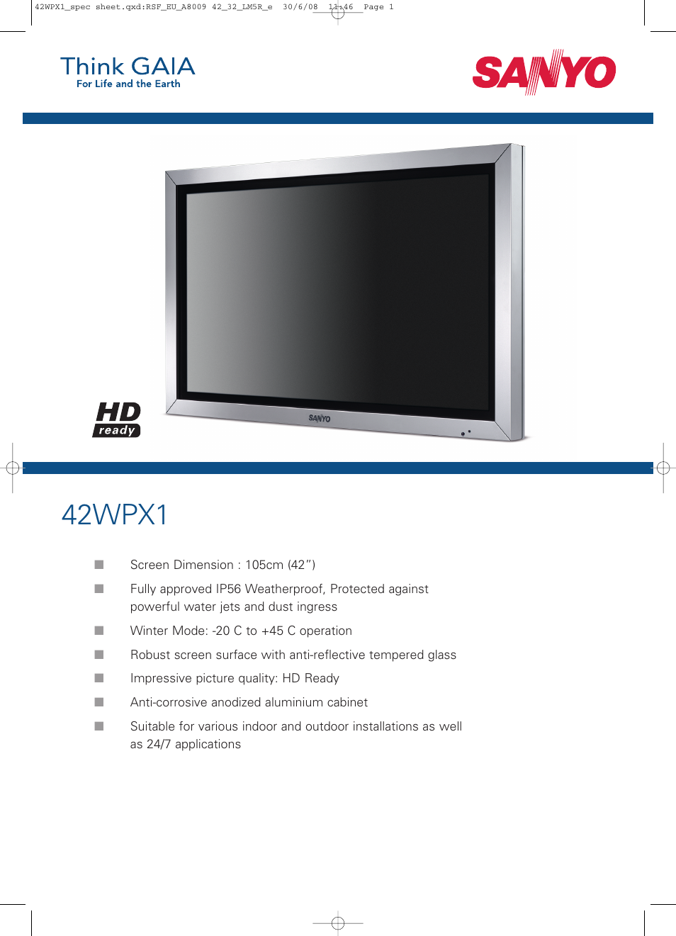 Sanyo 42WPX1 User Manual | 2 pages