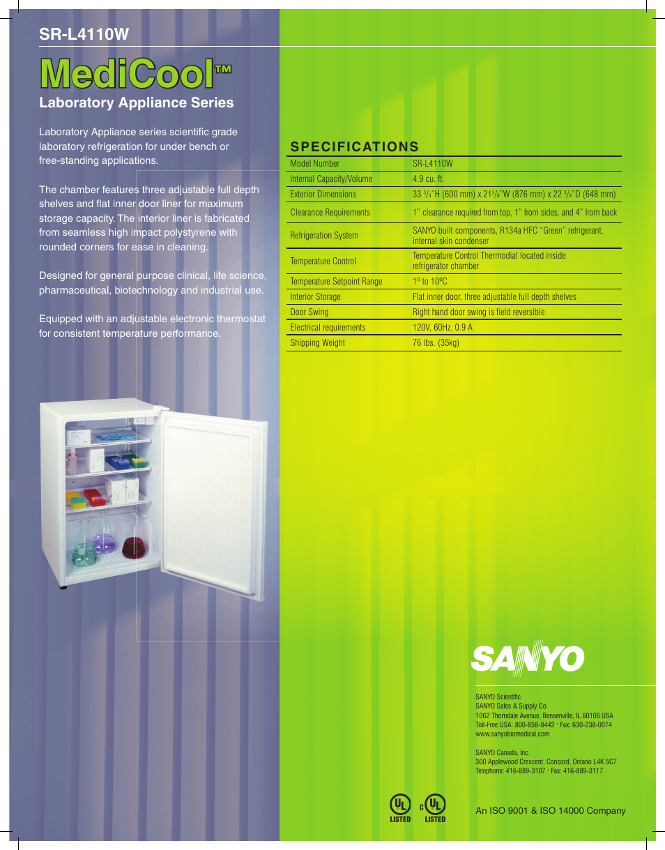 Medicool, Sr-l4110w, Laboratory appliance series | Sanyo SR-L4110W User Manual | Page 2 / 2