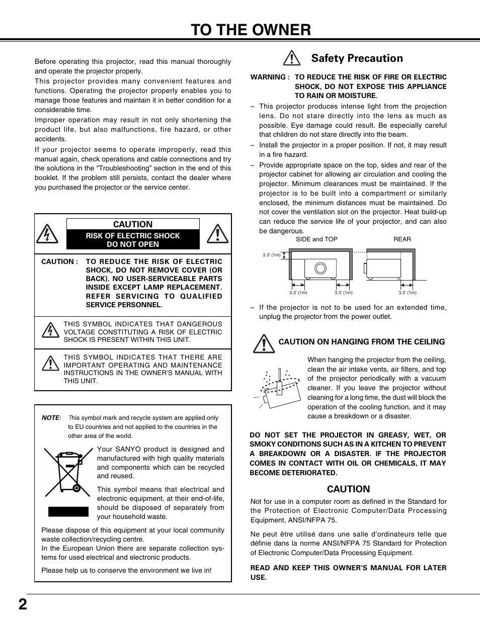 To the owner, Safety precaution, Caution | Sanyo PLV75L User Manual | Page 2 / 60