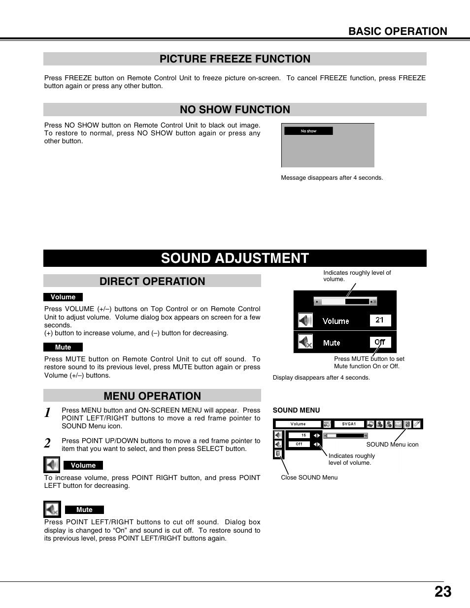 Sound adjustment, No show function picture freeze function, Direct operation menu operation | Basic operation | Sanyo PLV75L User Manual | Page 23 / 60