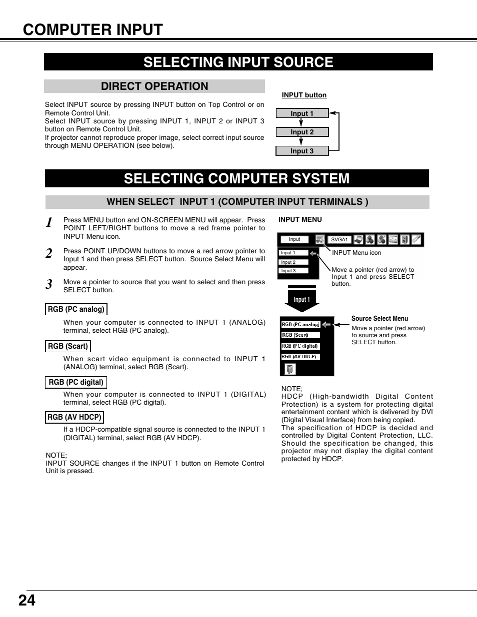 Computer input, Selecting input source, Selecting computer system | Direct operation | Sanyo PLV75L User Manual | Page 24 / 60