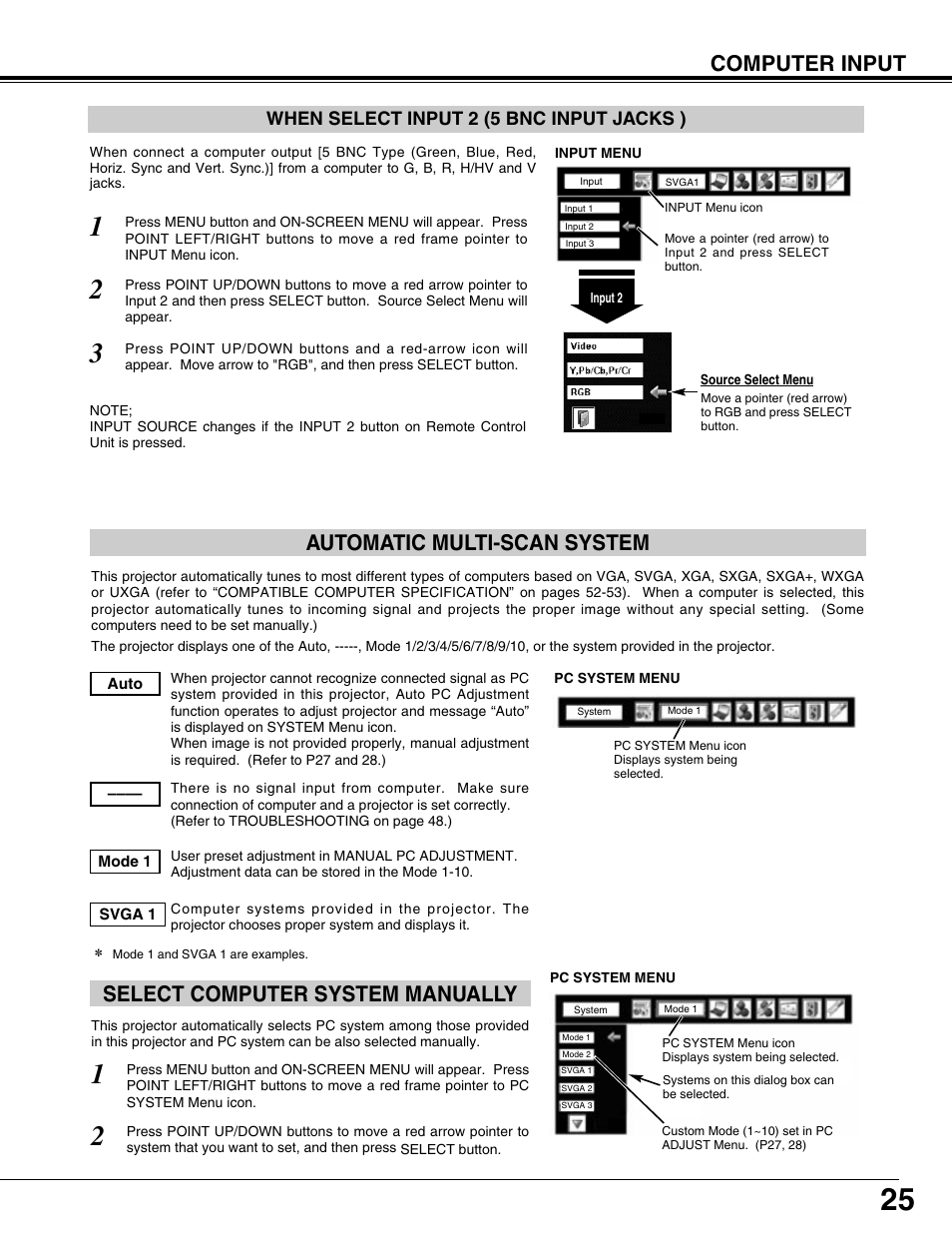 Computer input, Select computer system manually, Automatic multi-scan system | When select input 2 (5 bnc input jacks ) | Sanyo PLV75L User Manual | Page 25 / 60