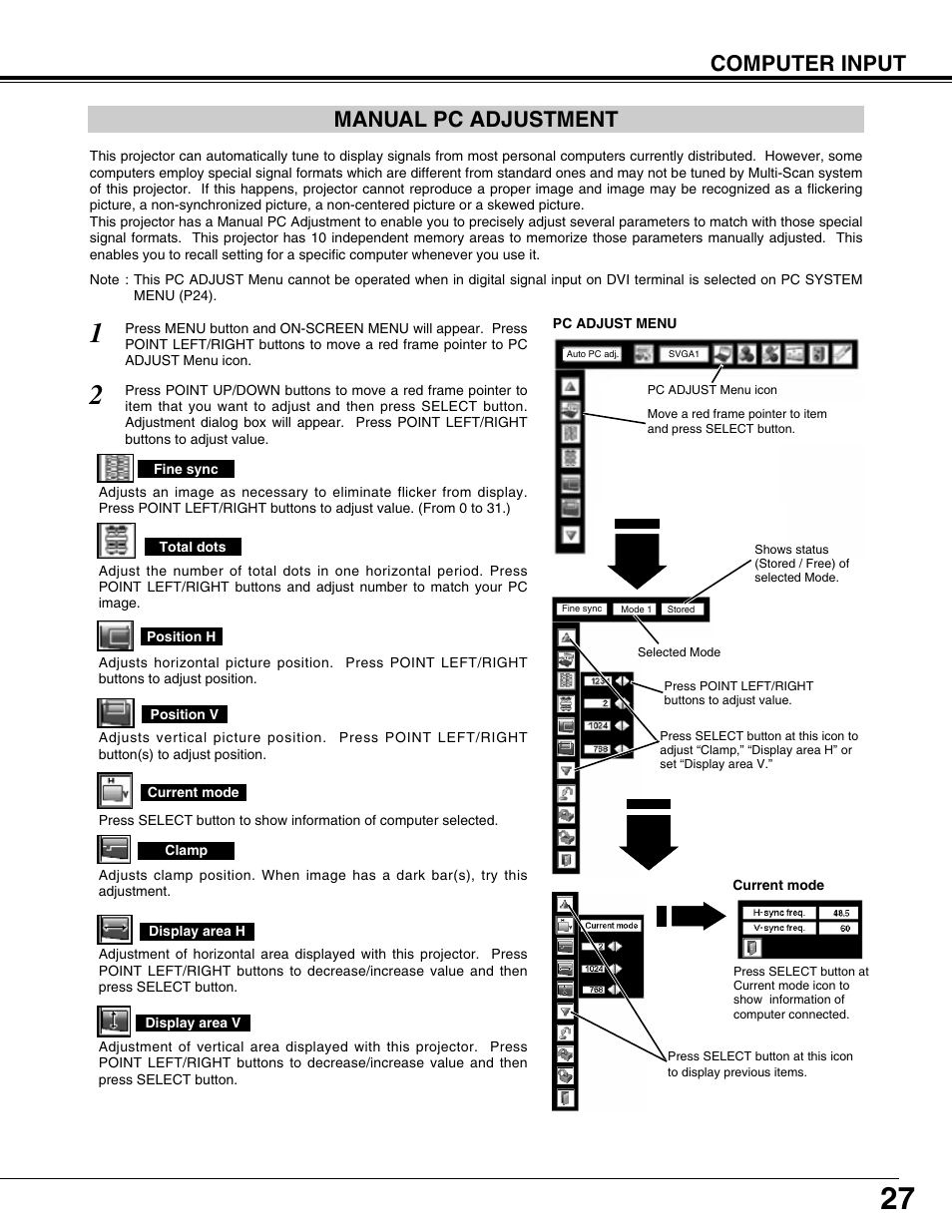 Computer input manual pc adjustment | Sanyo PLV75L User Manual | Page 27 / 60