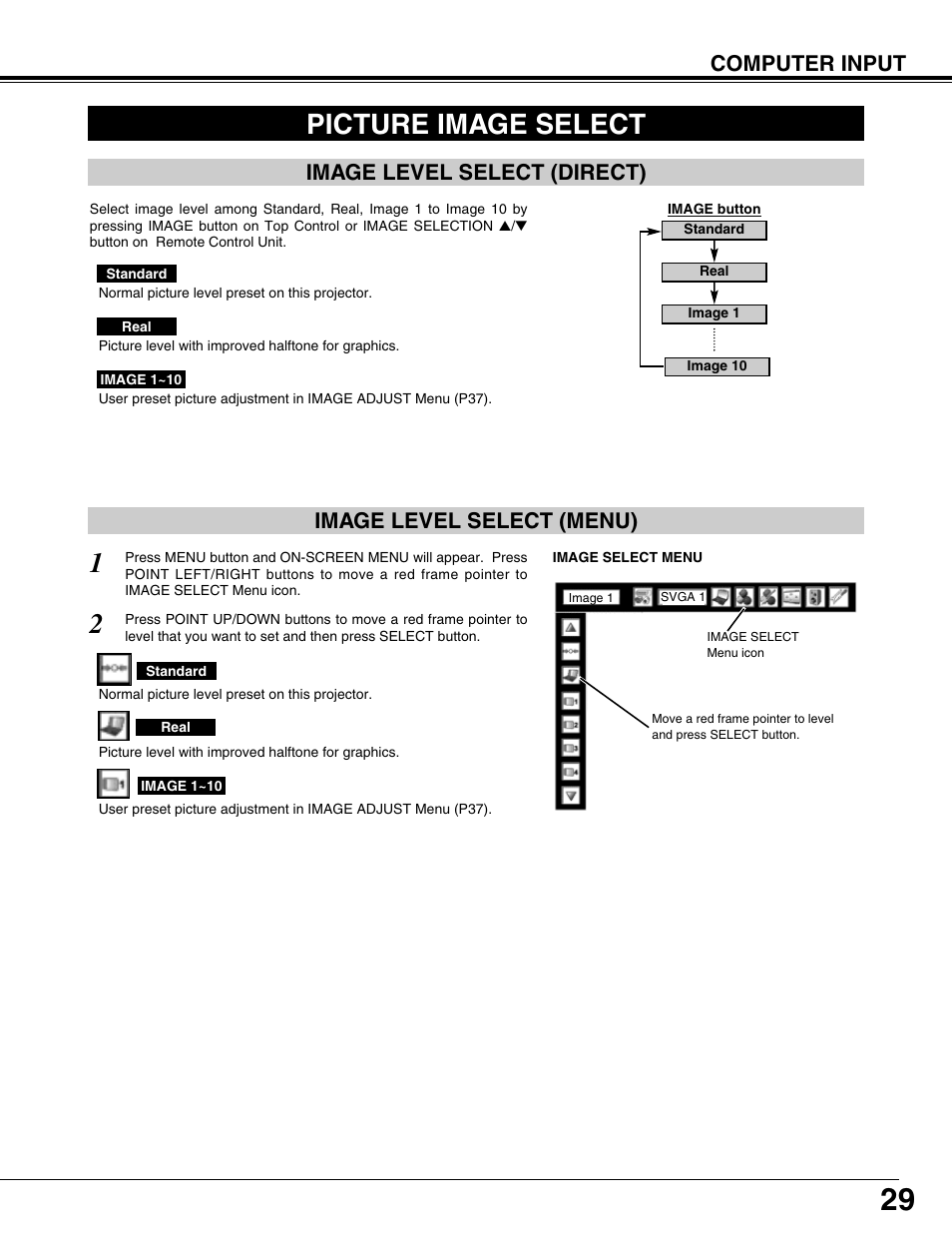 Picture image select, Computer input, Image level select (menu) | Image level select (direct) | Sanyo PLV75L User Manual | Page 29 / 60
