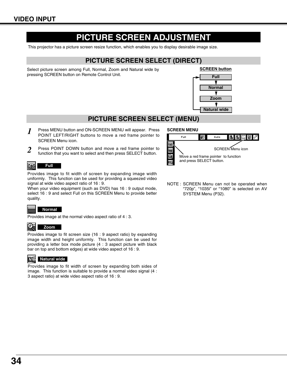 Picture screen adjustment, Video input picture screen select (direct), Picture screen select (menu) | Sanyo PLV75L User Manual | Page 34 / 60