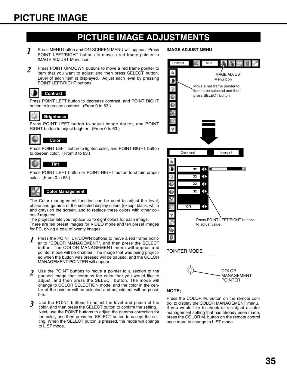 Picture image, Picture image adjustments | Sanyo PLV75L User Manual | Page 35 / 60