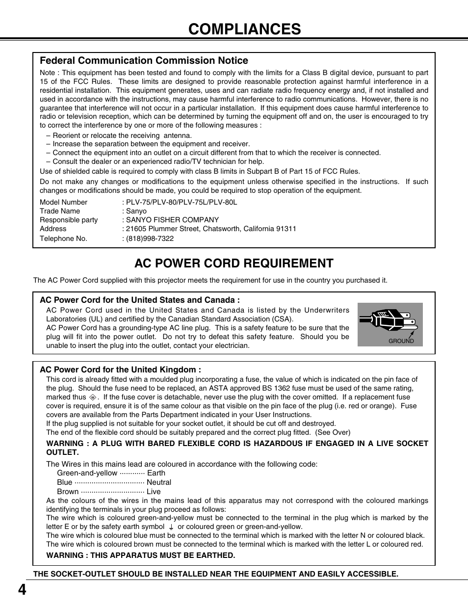 Compliances, 4compliances, Ac power cord requirement | Federal communication commission notice | Sanyo PLV75L User Manual | Page 4 / 60