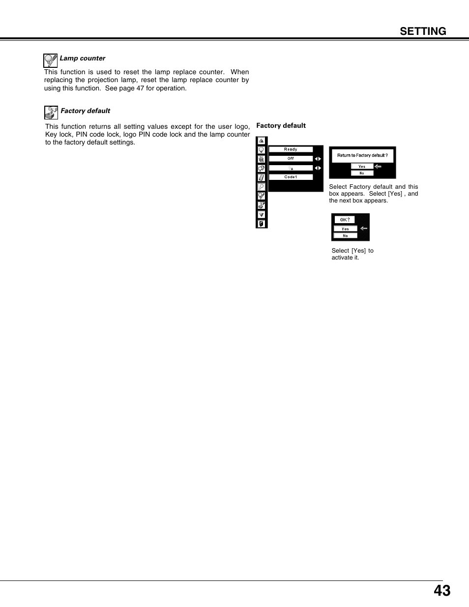Setting | Sanyo PLV75L User Manual | Page 43 / 60
