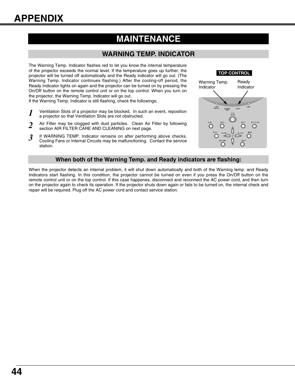 Appendix, Maintenance | Sanyo PLV75L User Manual | Page 44 / 60