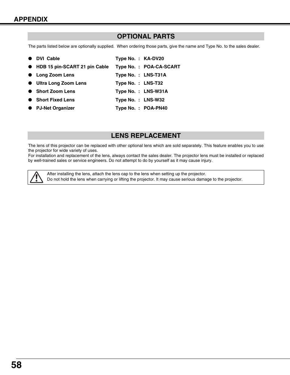 Appendix optional parts, Lens replacement | Sanyo PLV75L User Manual | Page 58 / 60