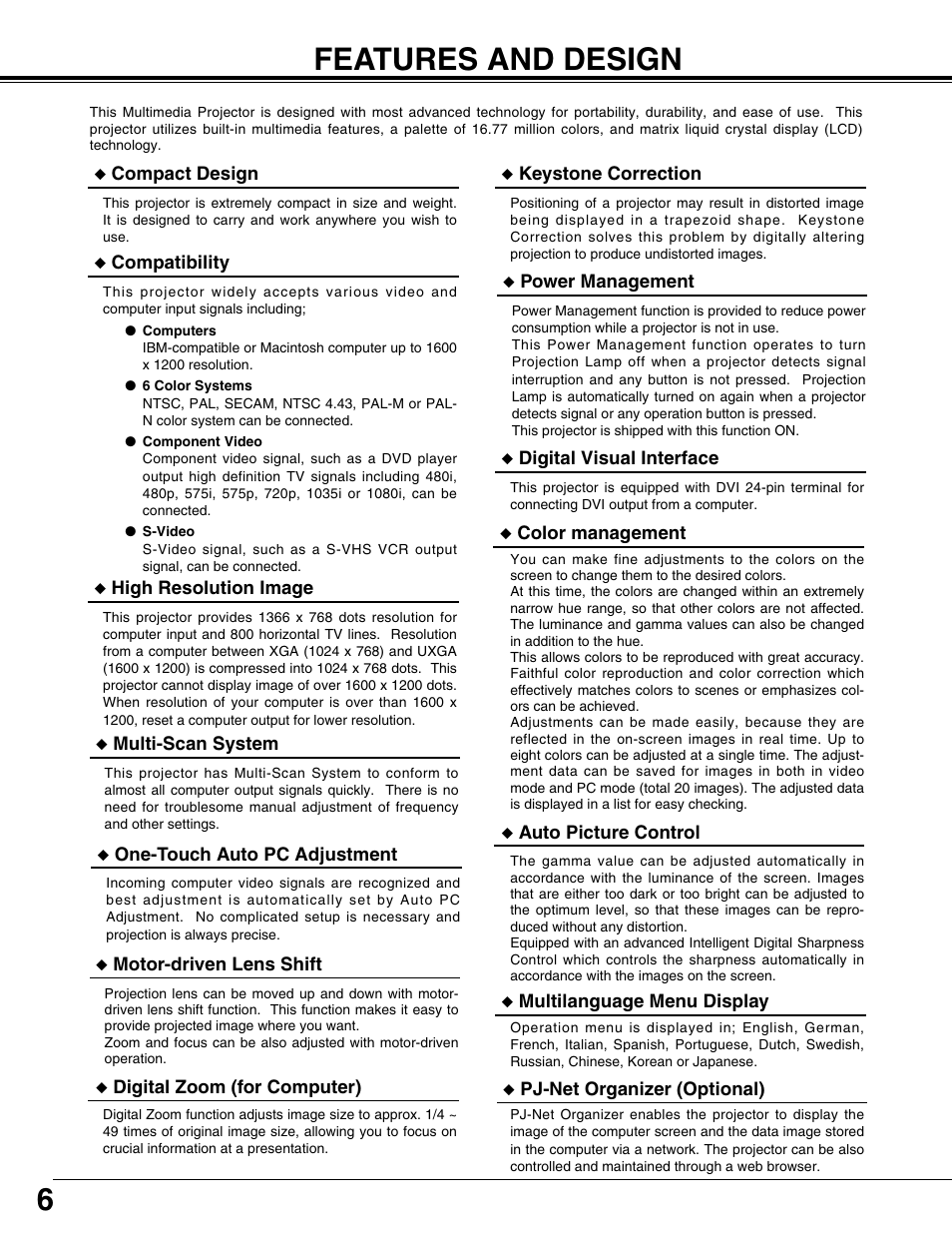 Features and design, 6features and design | Sanyo PLV75L User Manual | Page 6 / 60