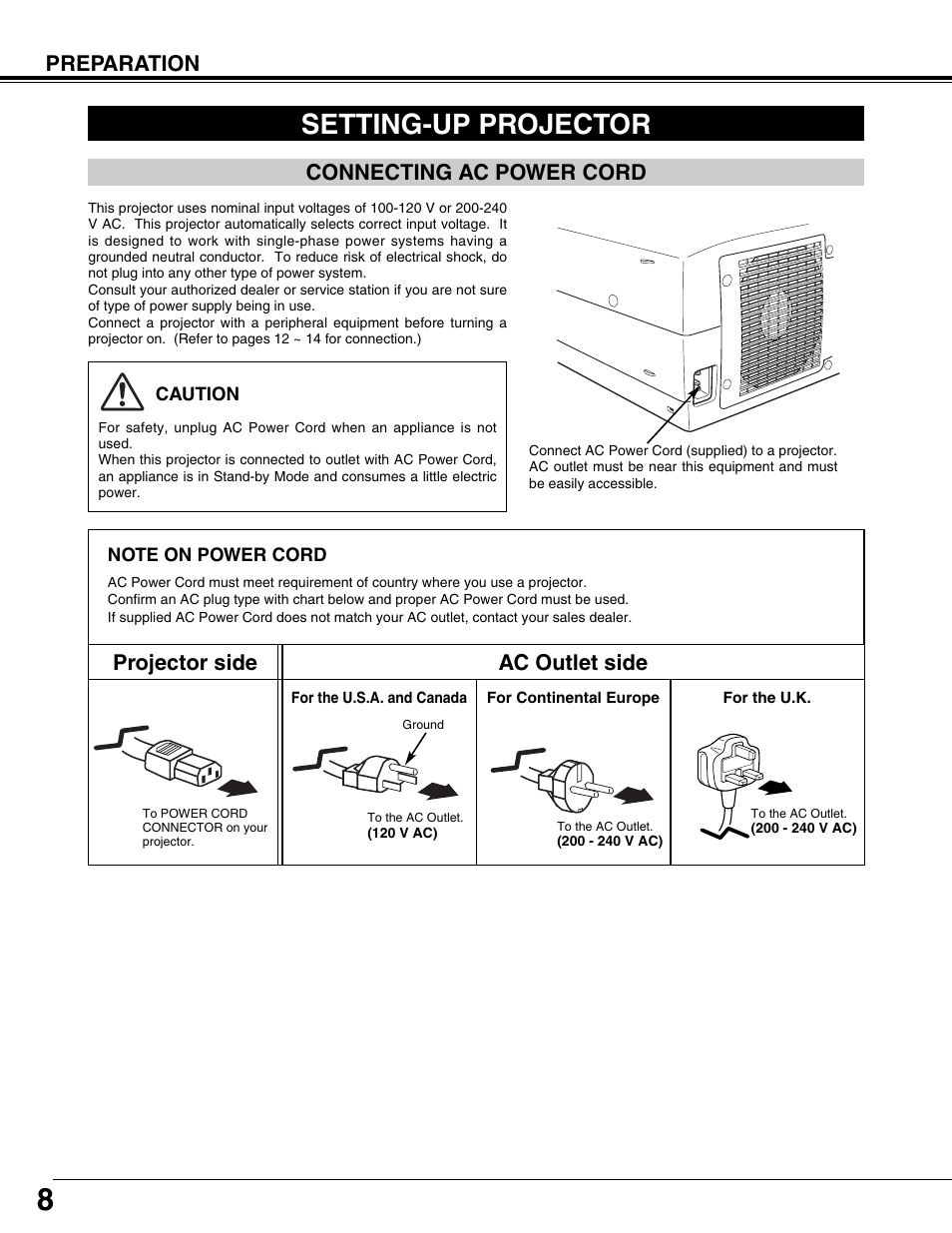 Setting-up projector, Preparation, Projector side ac outlet side | Connecting ac power cord | Sanyo PLV75L User Manual | Page 8 / 60
